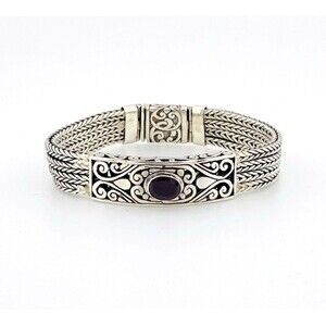Vintage Bali Sterling Silver Garnet Woven Chain Scroll Bracelet 7.25 Inches